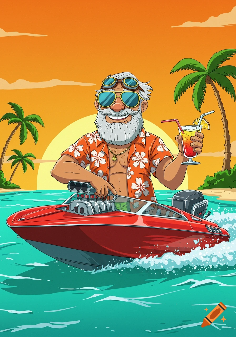 Cartoon man in sunglasses and Hawaiian shirt drives a speed boat on tropical water with palm trees and sunset.