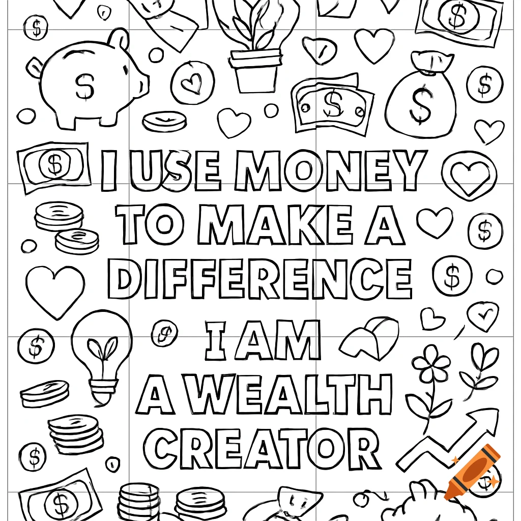Line art coloring page with phrases and money symbols.