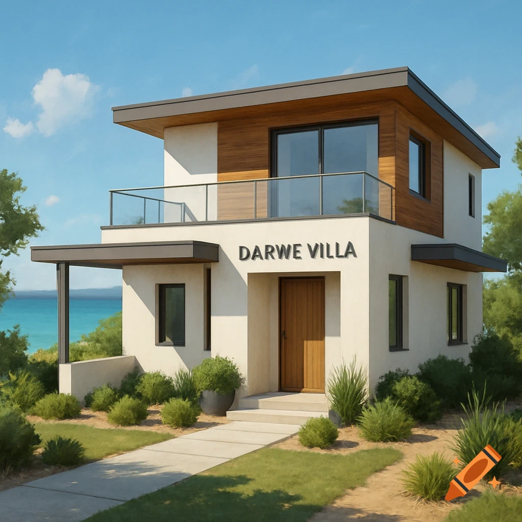 Modern two-story coastal house with 'DARWE VILLA' text on the side.