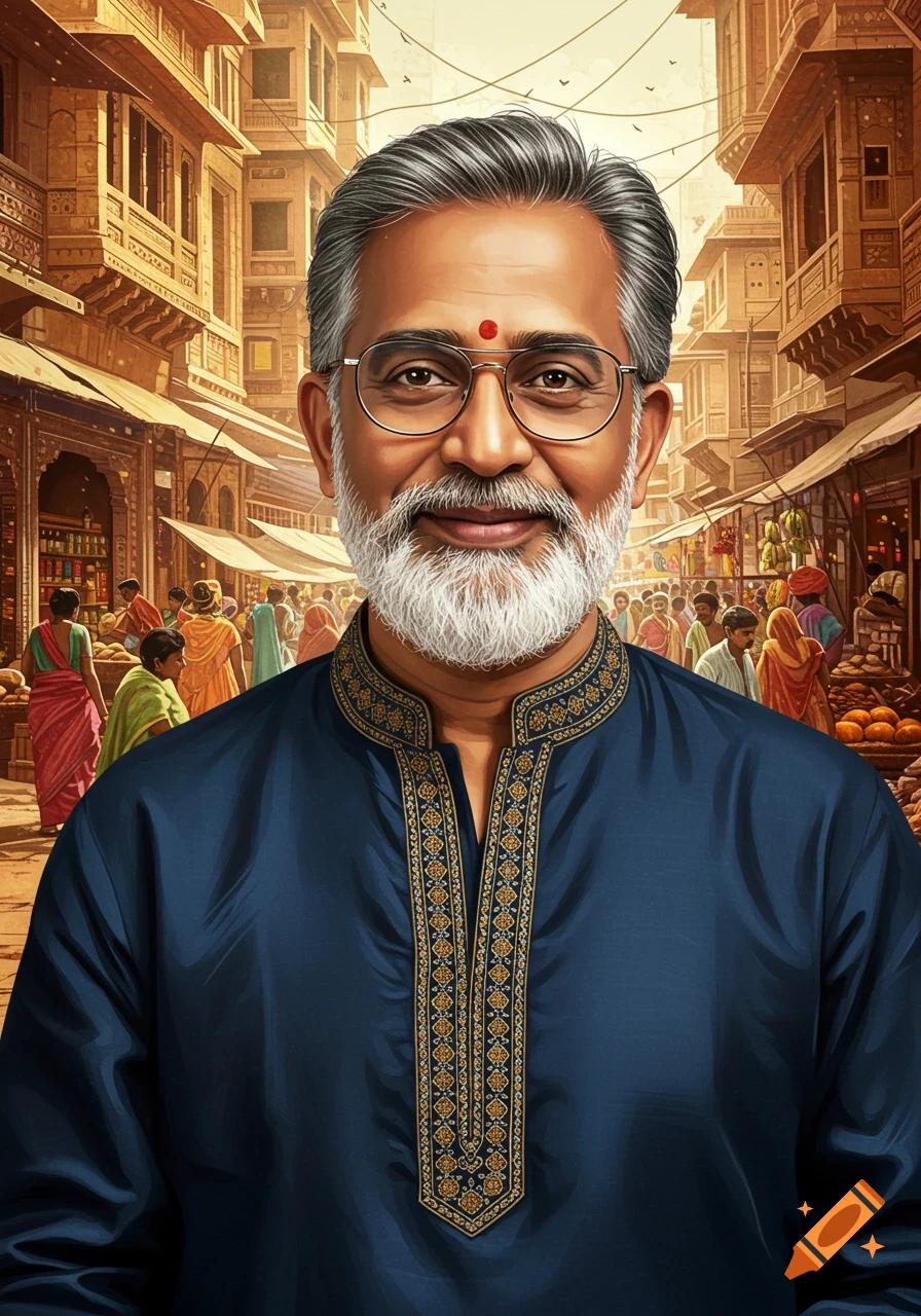A portrait of an Indian man with a beard and glasses, wearing traditional clothing, standing in a busy street market.