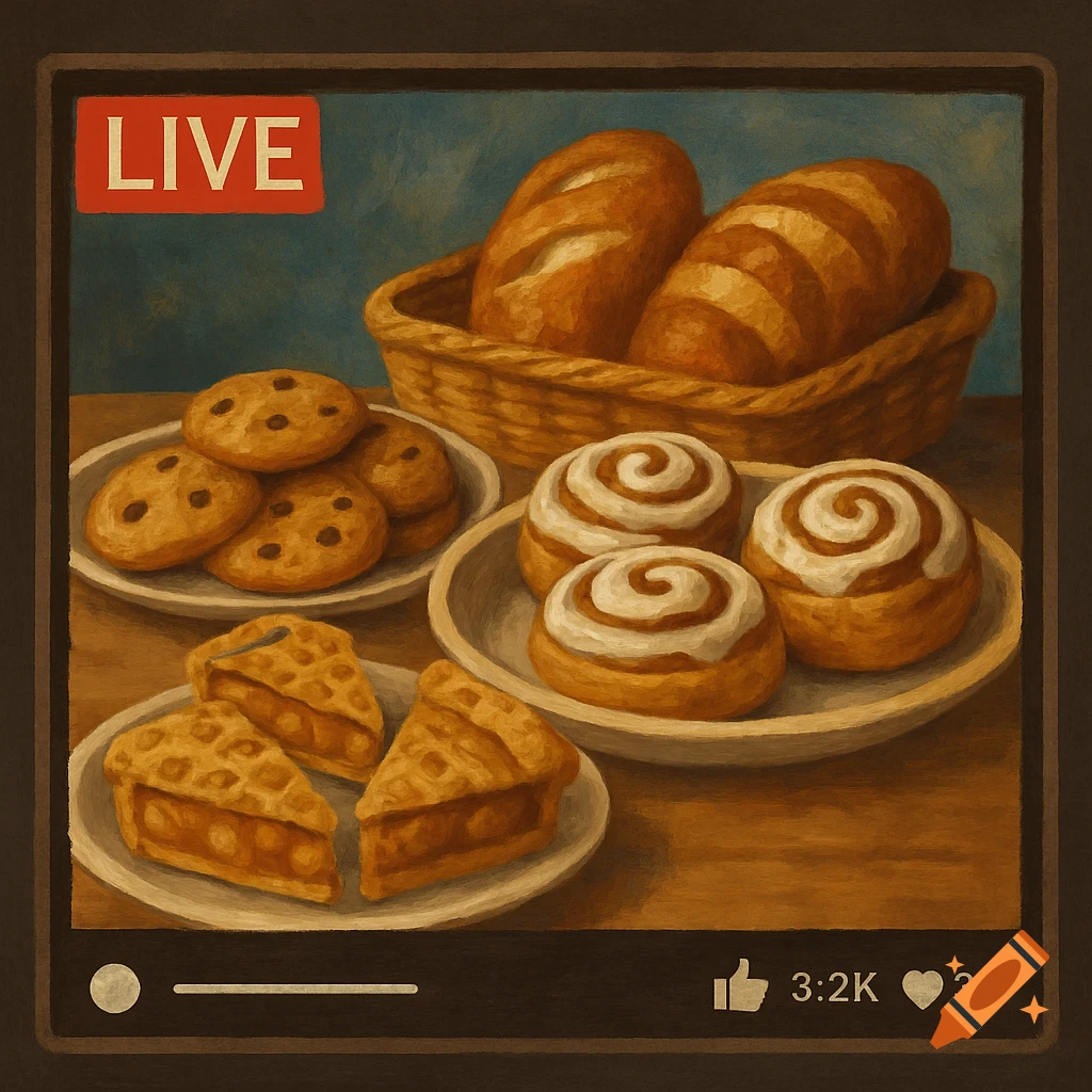 Digital painting of baked goods, including bread, cookies, cinnamon rolls, and pie slices, displayed as if on a live stream with 'LIVE' text and counters.