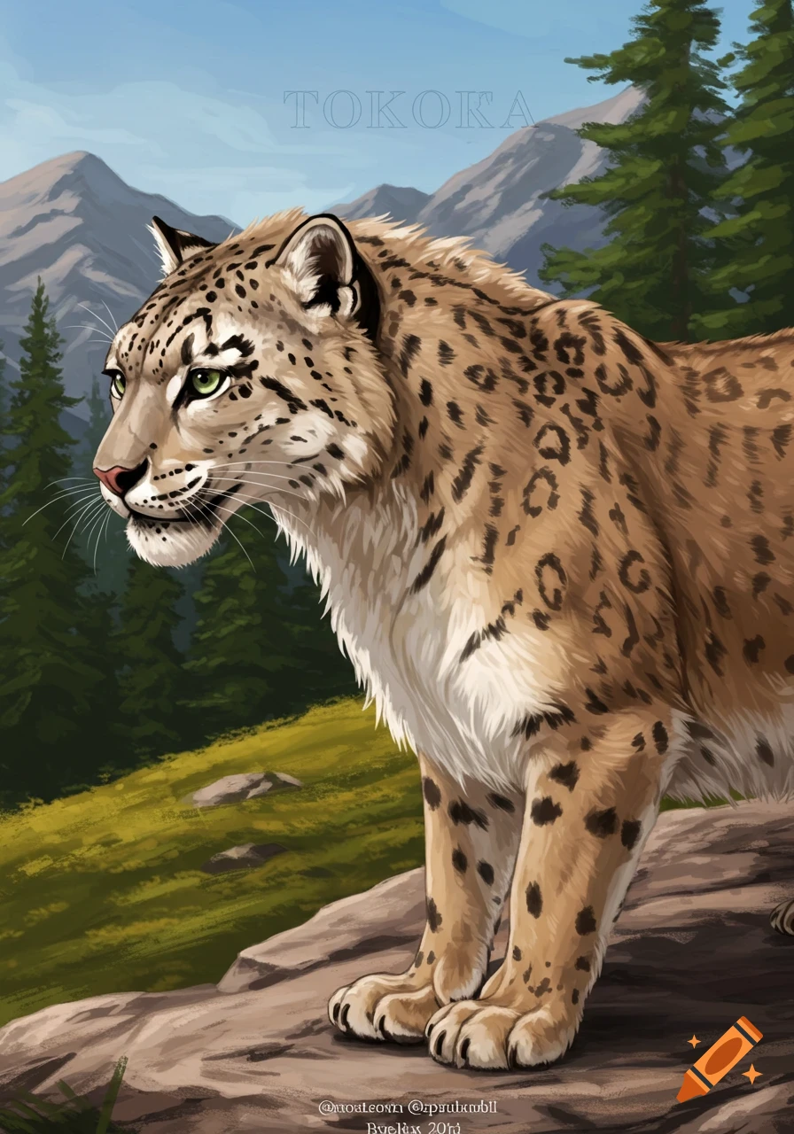 Digital painting of a snow leopard and cougar hybrid standing on rocks in a mountain forest landscape.