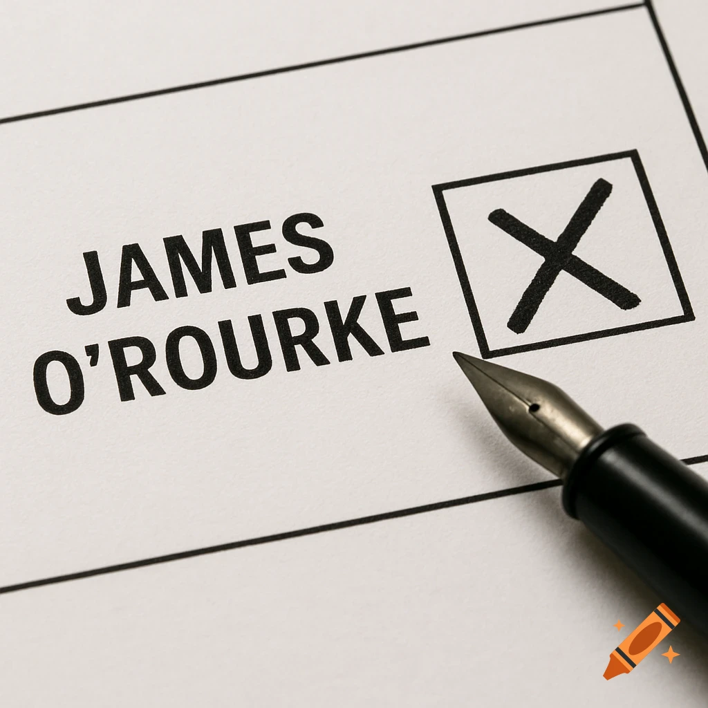 Close-up of a ballot paper with the name JAMES O'ROURKE being marked with an X by a fountain pen.