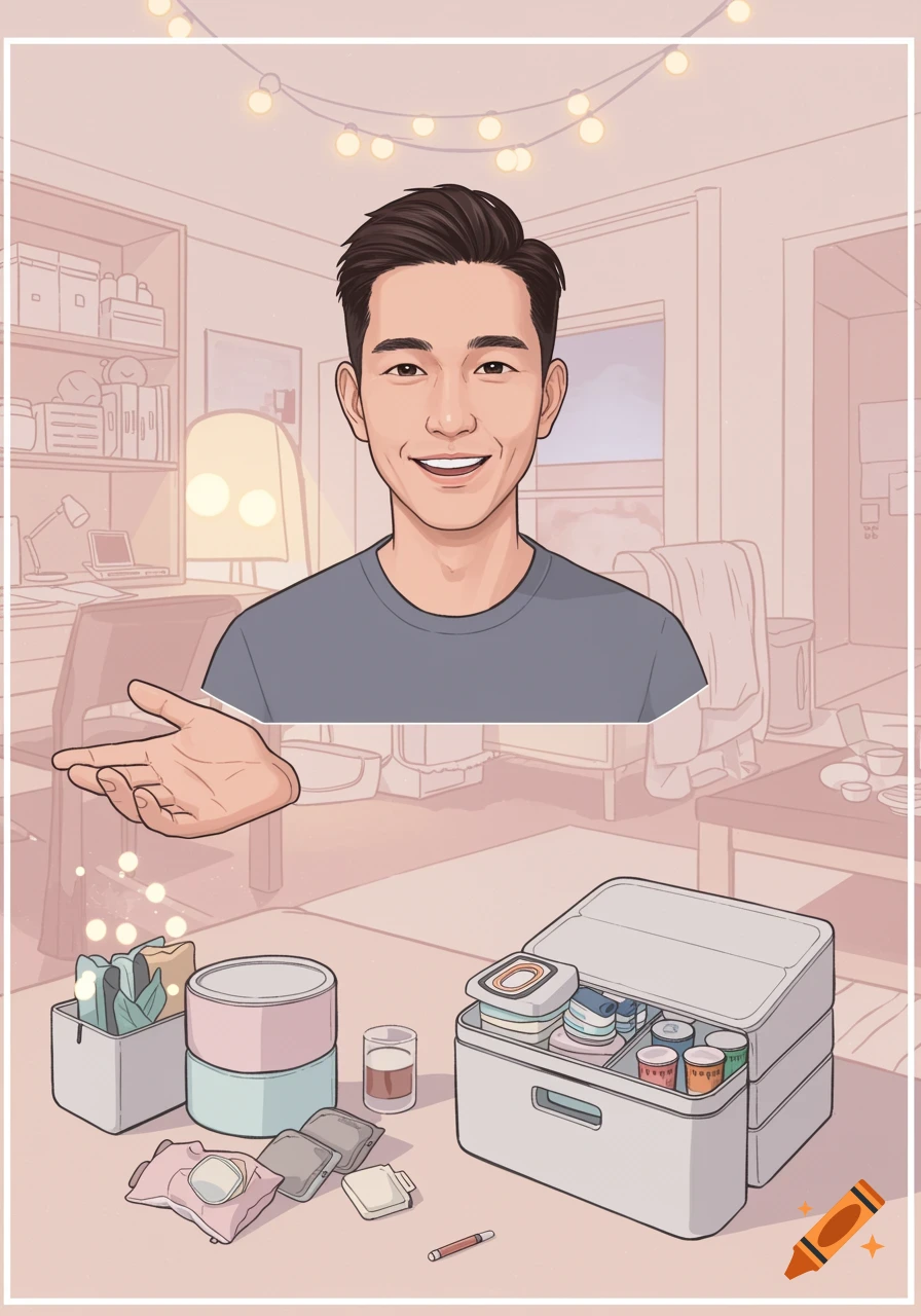 Cartoon man in a room with household items