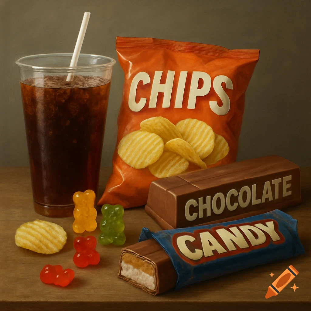 A still life arrangement featuring a glass of soda with a straw, a bag of chips, a chocolate bar, a candy bar, and gummy bears on a table.