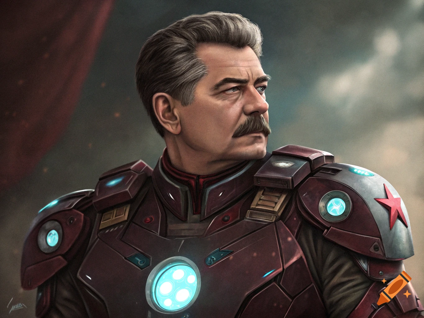 Portrait of a man resembling Joseph Stalin wearing a futuristic red and grey armored suit with glowing blue lights and a red star on the shoulder.