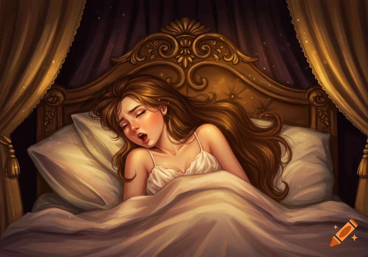 A princess with long brown hair sleeps soundly in a regal bed under golden curtains, digital illustration.