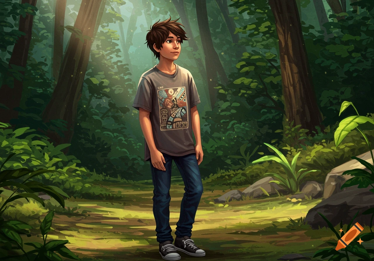 An illustration of a teenage boy standing in a sunlit forest clearing.