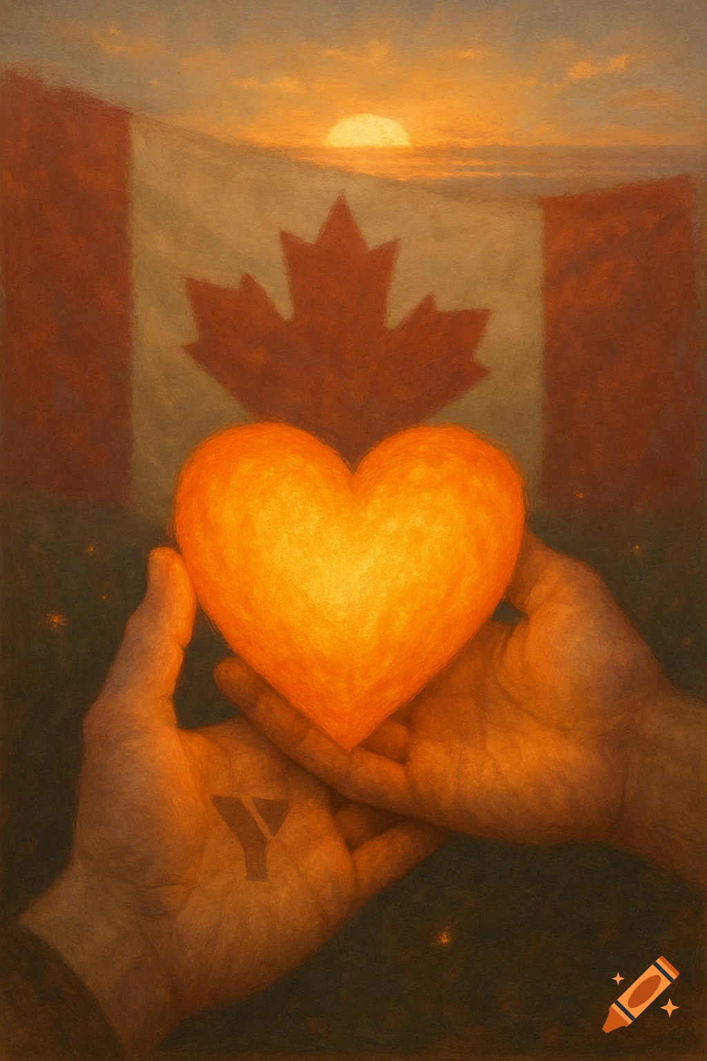 Hands hold a glowing heart before a Canadian flag under a sunset, with a 'Y' symbol on one hand, in a painterly style.