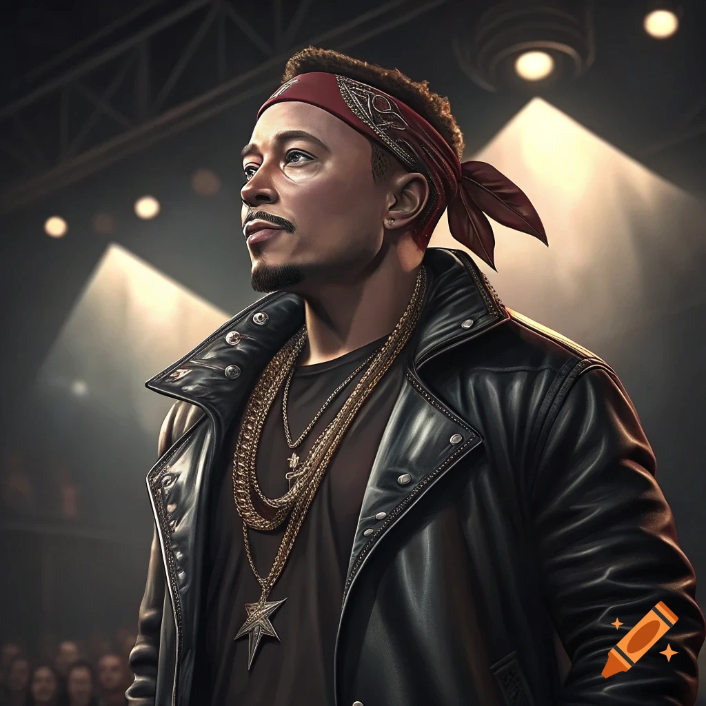 Man dressed as Tupac, wearing a red bandana, leather jacket, and gold chains, on a stage.