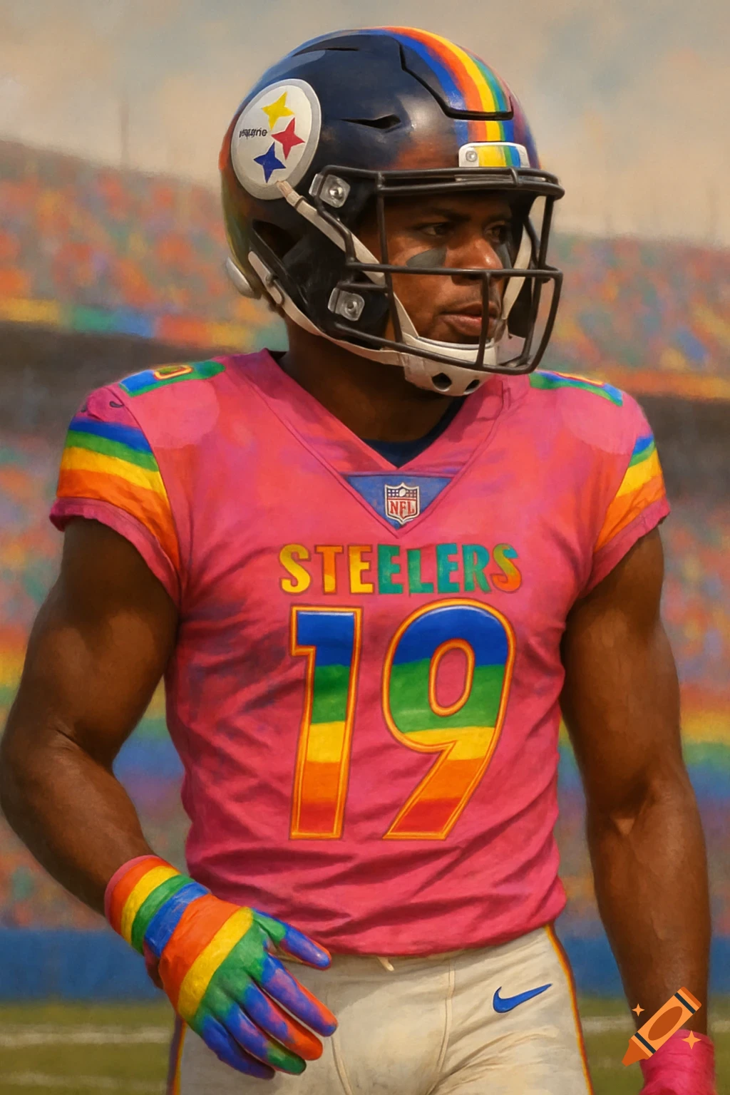 Football player in a pink Steelers uniform with rainbow stripes and number 19.