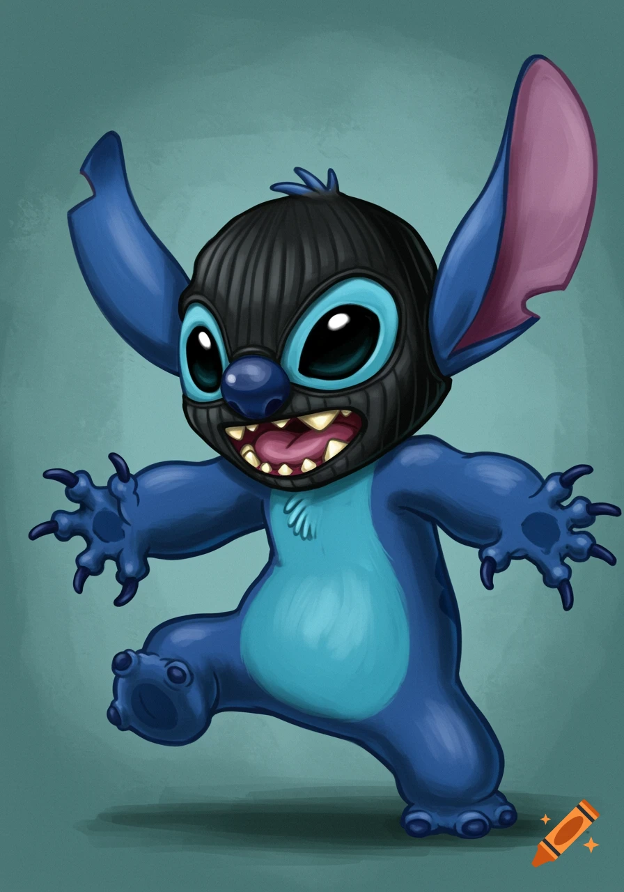 Stitch from Lilo & Stitch wearing a black ski mask, digital illustration.