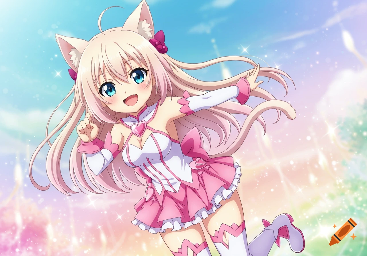Anime cat-girl with blonde hair in pink outfit against a bright background