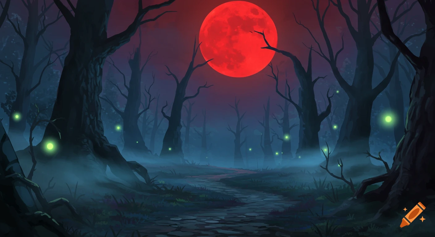 A spooky forest landscape at night with a large red moon and glowing green orbs.