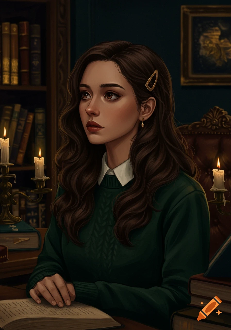 Digital painting of a young woman with dark hair reading a book by candlelight in a library.