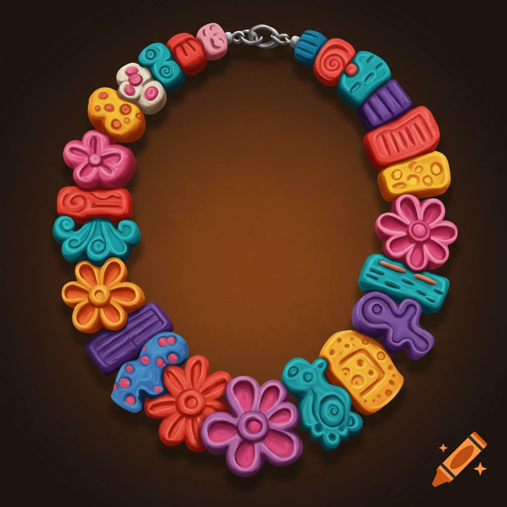 A colorful necklace made of unique, textured beads resembling play dough, against a brown background.