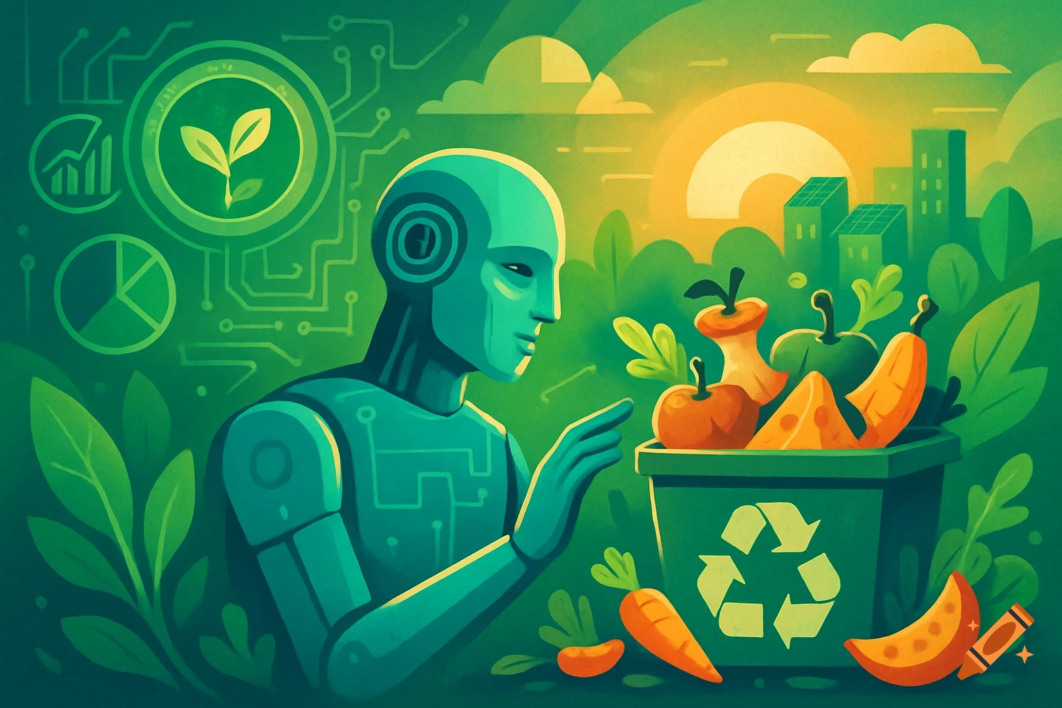 A robot looks at a recycling bin filled with food waste, surrounded by green leaves, circuitry, graphs, buildings, and a sun, in an illustration style.