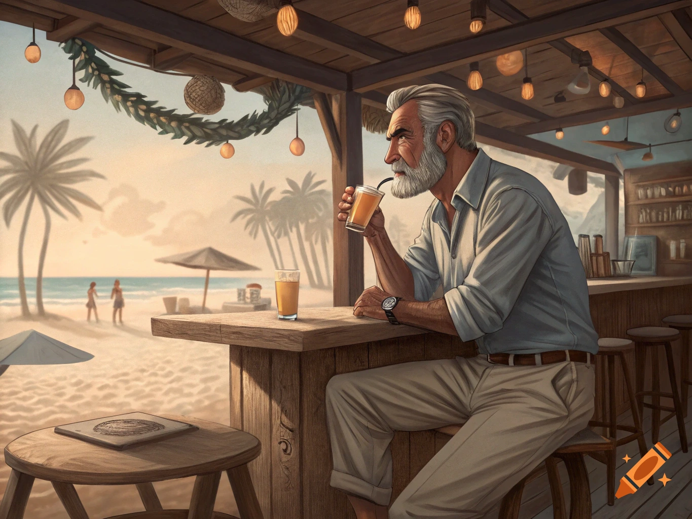 Man with a beard drinking at a beach bar at sunset.