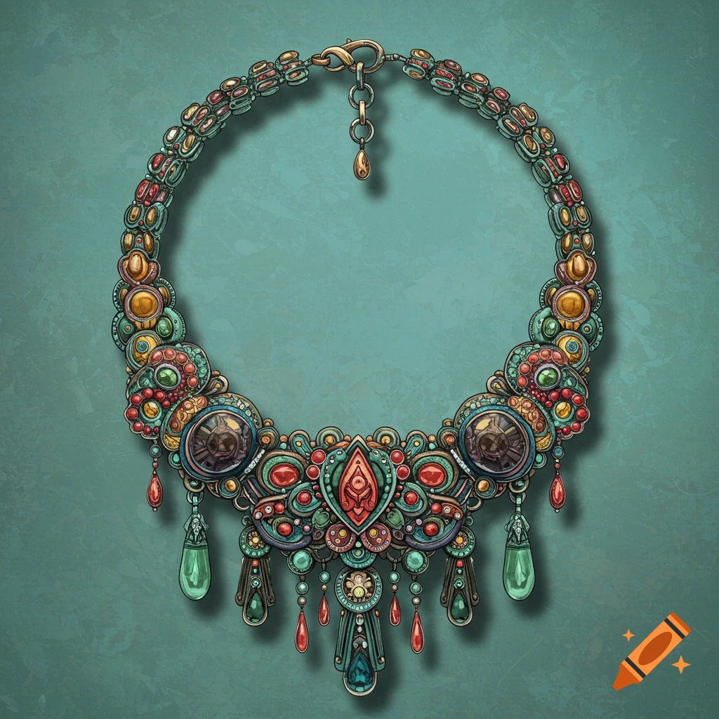 An ornate necklace with colorful jewels hangs against a teal background.