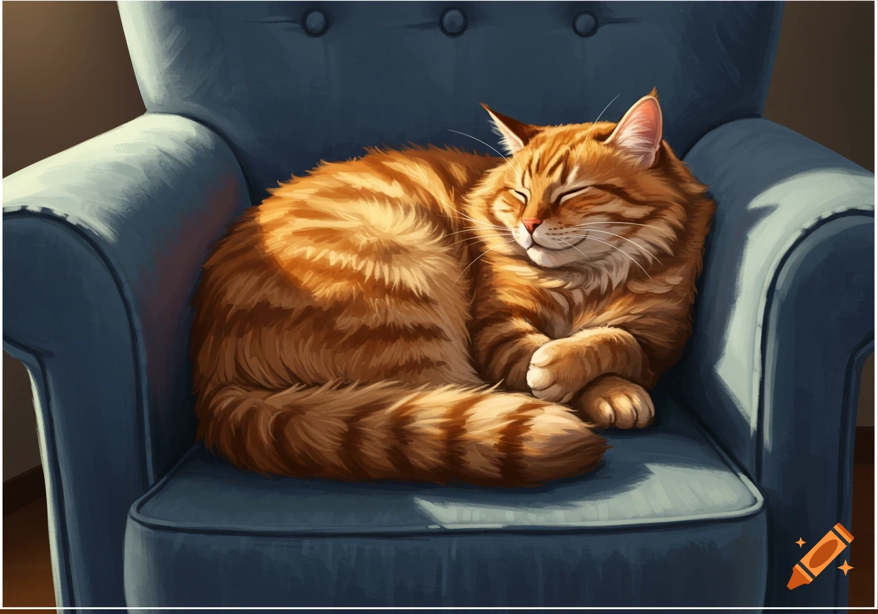 An orange tabby cat sleeps curled up in a blue armchair.