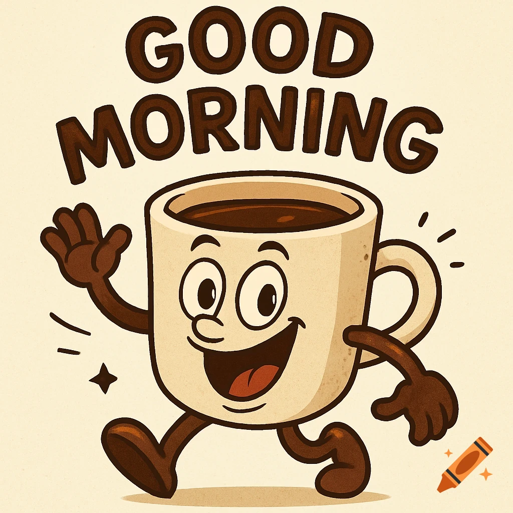 A cartoon coffee cup character with arms and legs waves under the words 'GOOD MORNING'.