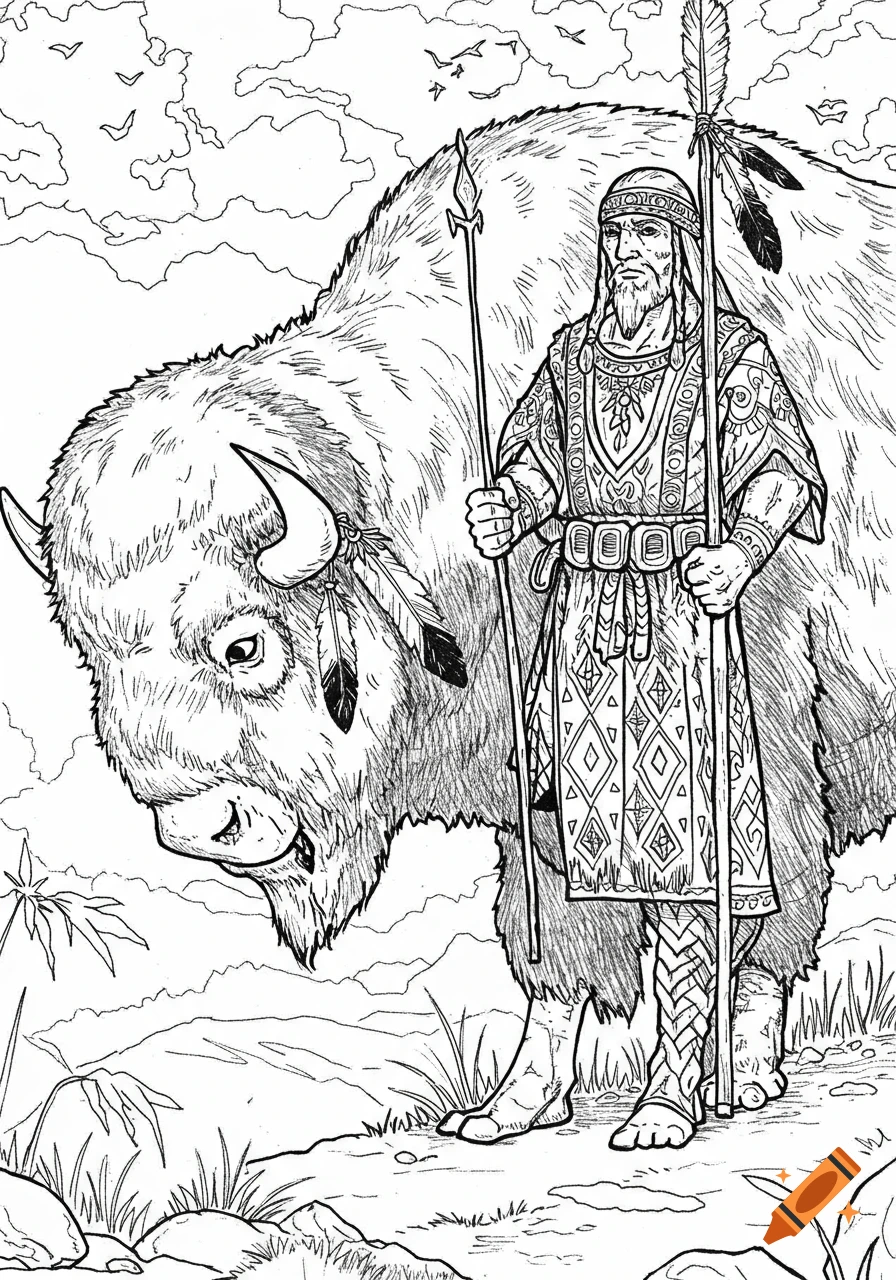Black and white line drawing of a man in traditional clothing standing next to a buffalo in a landscape.