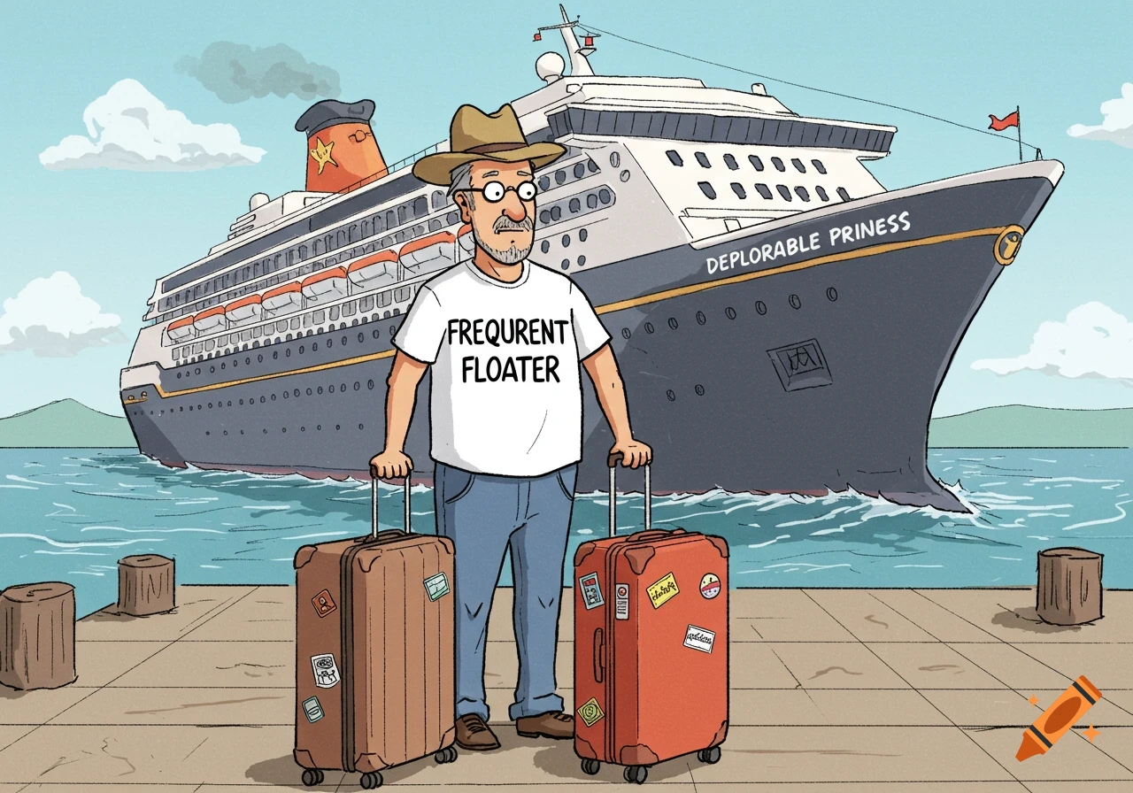 Cartoon of a man with suitcases on a pier, waiting for a cruise ship named Deplorable Princess.