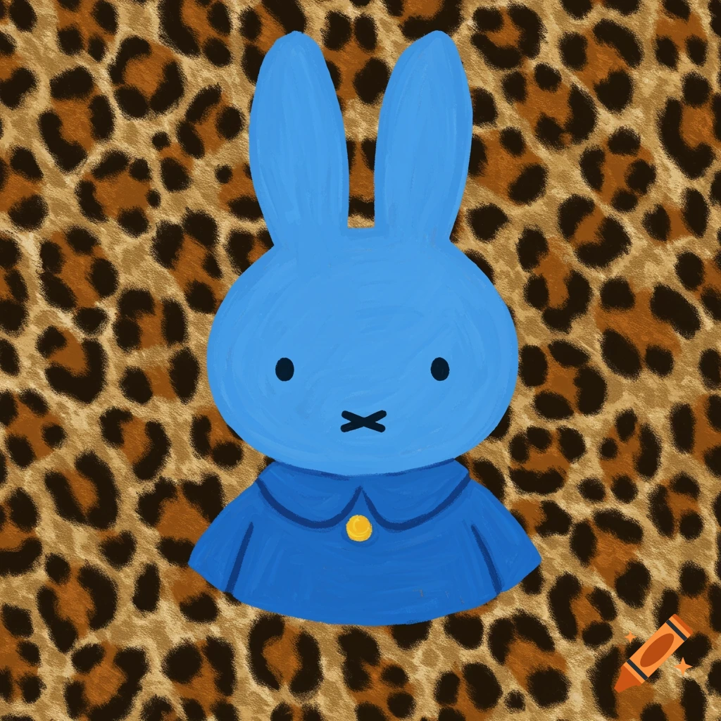 A blue cartoon bunny with a blue collar against a leopard print background.
