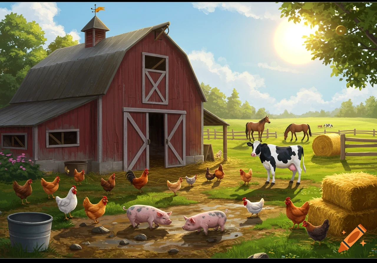 An illustration of a sunny farm scene with a red barn, pigs, chickens, a cow, and horses.
