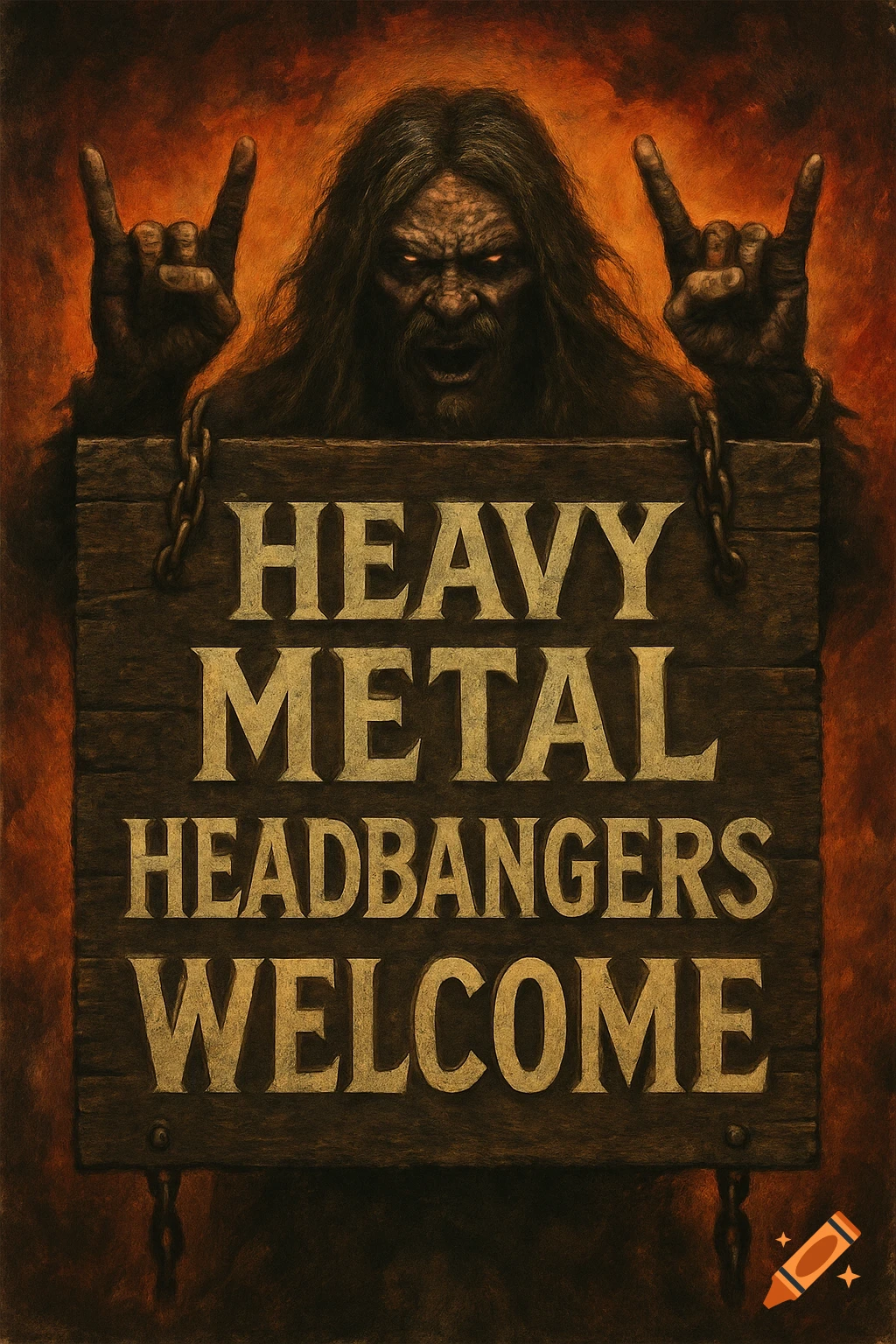 A dark, stylized illustration of a creature with long hair making the rock on sign, holding a wooden sign that reads "HEAVY METAL HEADBANGERS WELCOME".