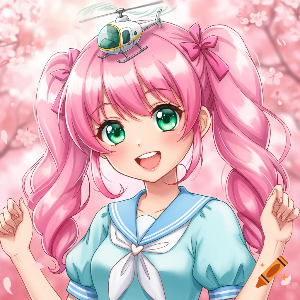 Anime girl with pink hair and green eyes, wearing a sailor top and a helicopter hat, smiling against a cherry blossom background.