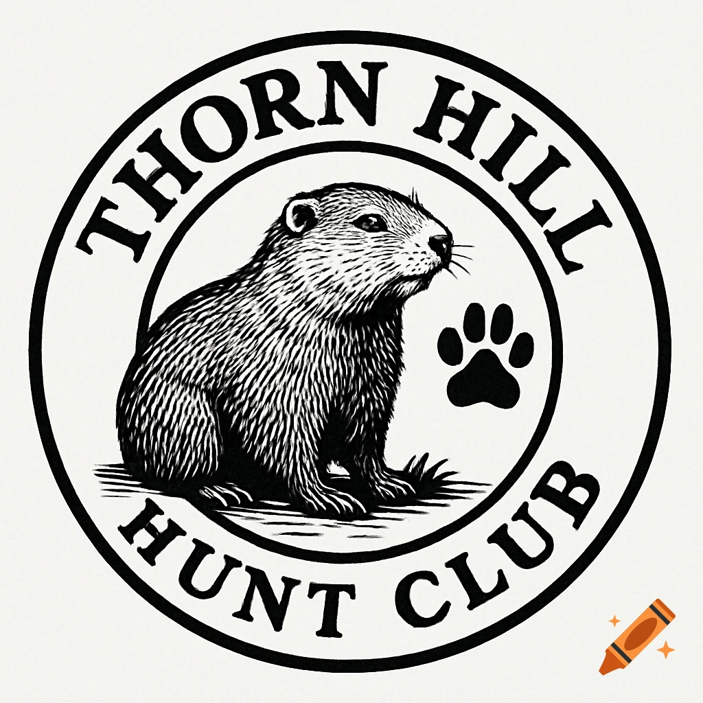 Black and white circular logo with a woodchuck, paw print, and 'THORN HILL HUNT CLUB' text.