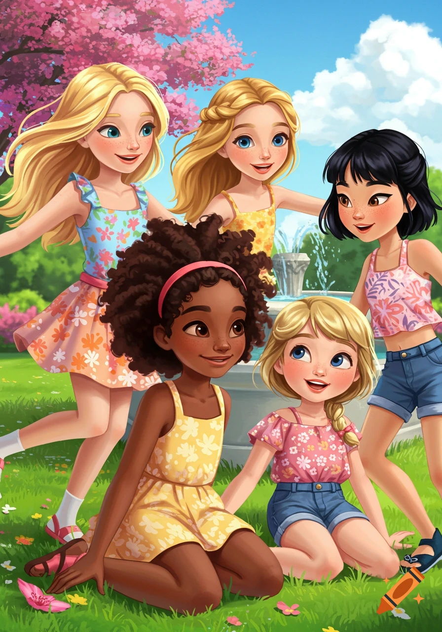 Five young girls of different ethnicities play in a sunny park with pink flowers and a fountain, rendered in a bright illustration style.