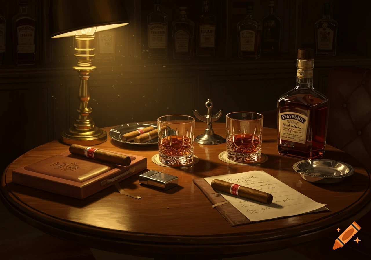 Still life of whiskey glasses, bottle, cigars, and accessories on a table under a lamp.