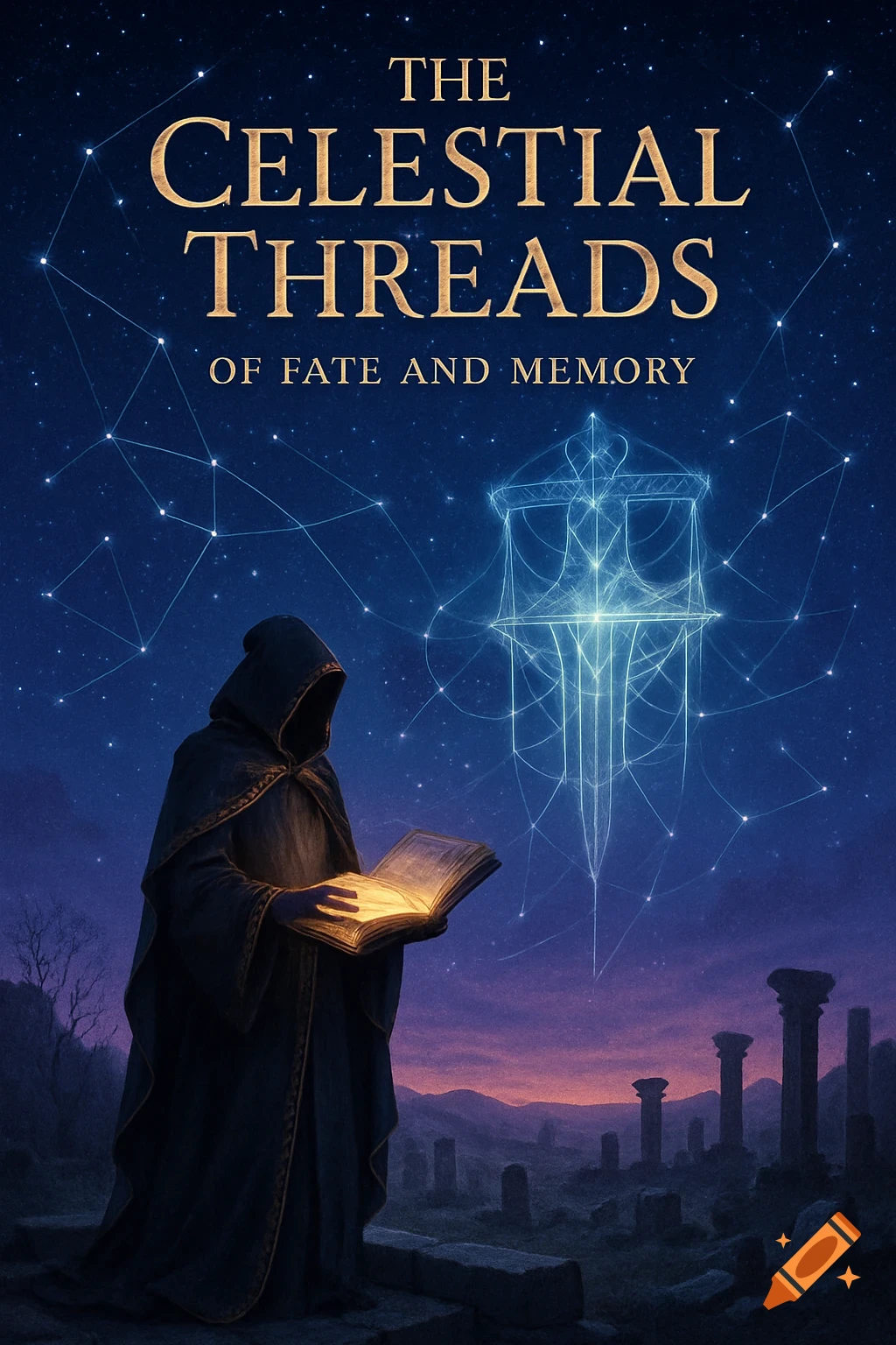 A hooded figure reads a glowing book under a starry night sky with ancient ruins and celestial patterns. Text reads: The Celestial Threads.