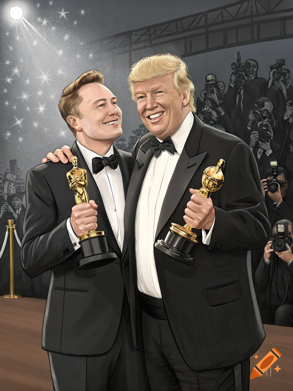 Illustration of Elon Musk and Donald Trump in tuxedos holding Oscar awards on a red carpet.