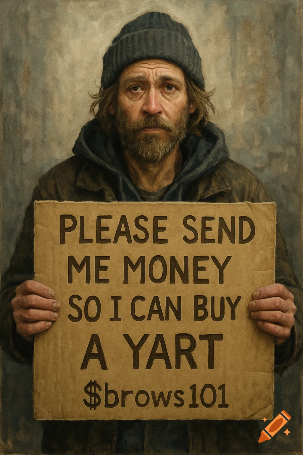 A portrait of a man in a beanie holding a cardboard sign that says "PLEASE SEND ME MONEY SO I CAN BUY A YART $brows101".