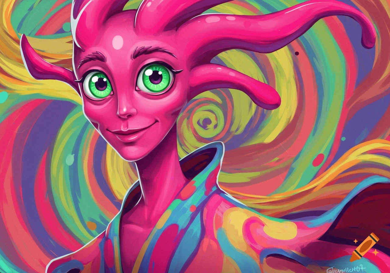 Cartoon illustration of a pink alien character smiling against a colorful psychedelic background.