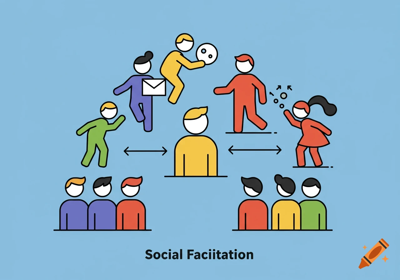 Stylized illustration diagram depicting social interaction and facilitation with abstract figures.