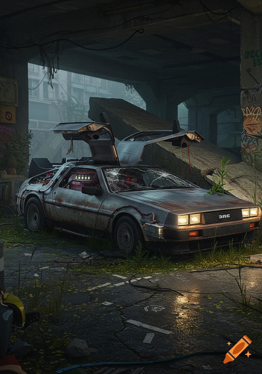 Destroyed Delorean Time Machine in a post-apocalyptic urban environment.