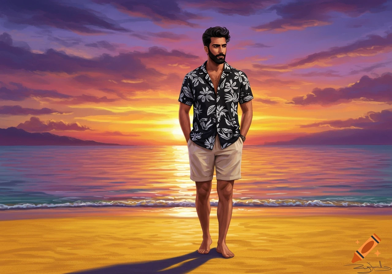 A man in a Hawaiian shirt and shorts stands on a beach at sunset.