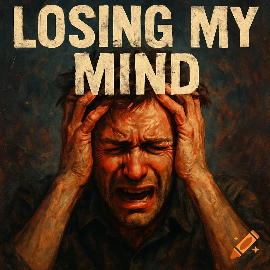 Painterly artwork of a distressed man holding his head with text "LOSING MY MIND" above.