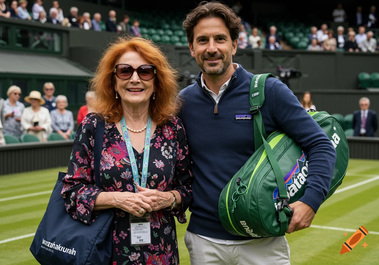 A woman with red hair and sunglasses and a man with brown hair stand on a tennis court.