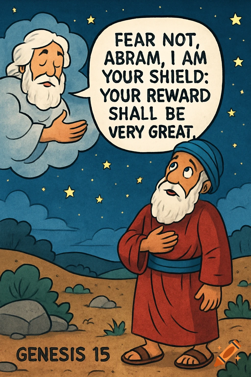Cartoon of God speaking to Abram under a starry sky, with text in a speech bubble and 'GENESIS 15'.
