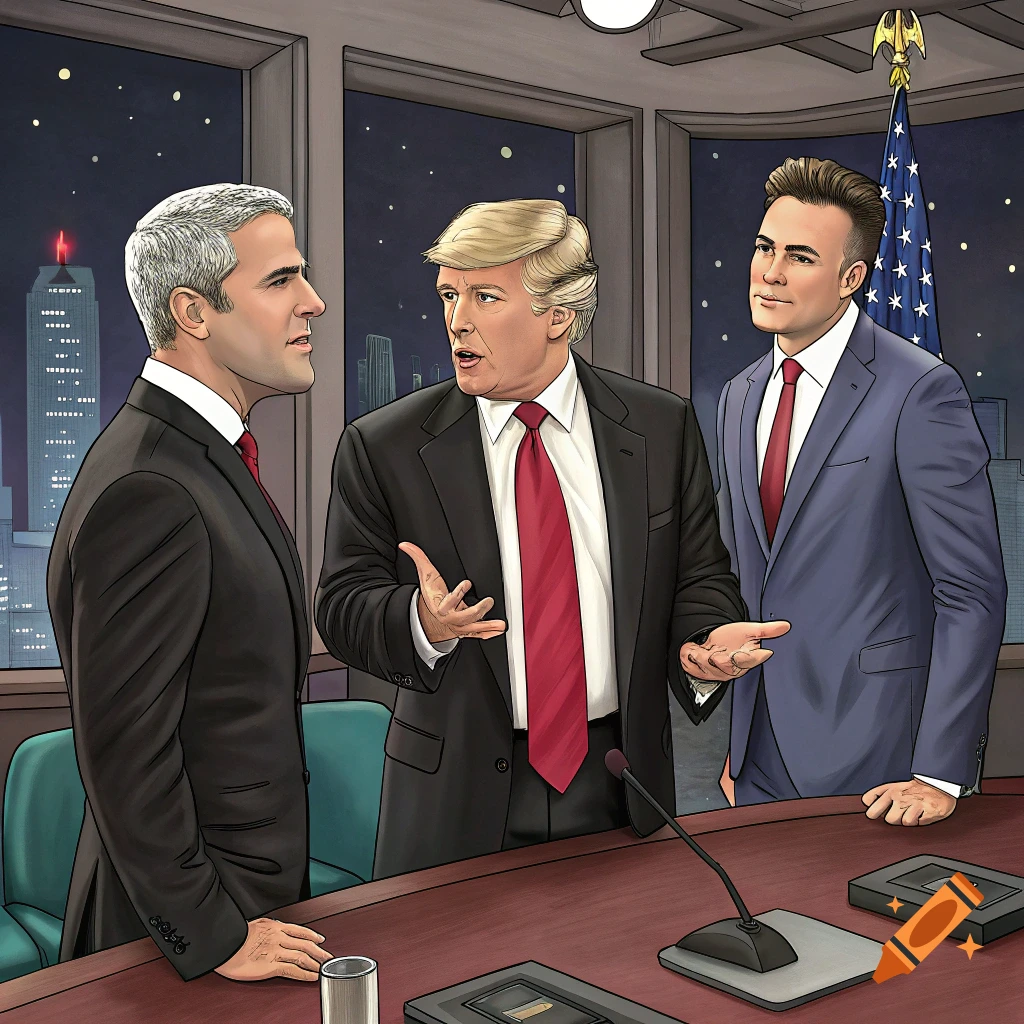 Illustrative depiction of three men resembling Trump, Cohen, and Musk in suits talking in an office overlooking a city skyline at night.