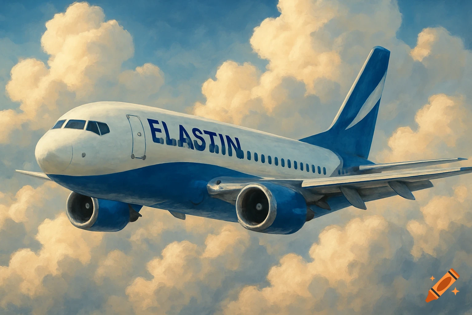 A blue and white airplane flying through clouds in a painted style.