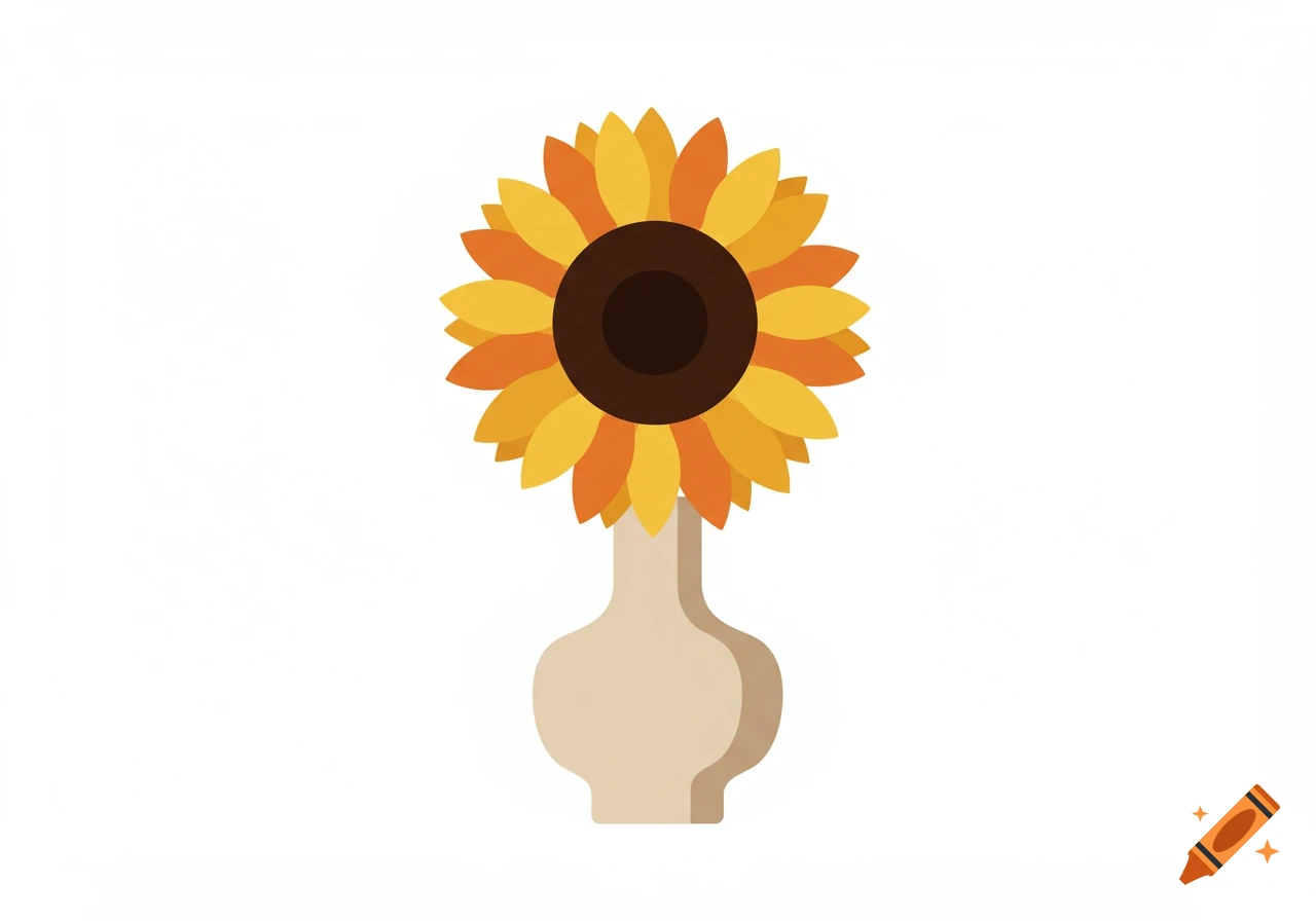 An illustration of a sunflower in a vase on a white background.