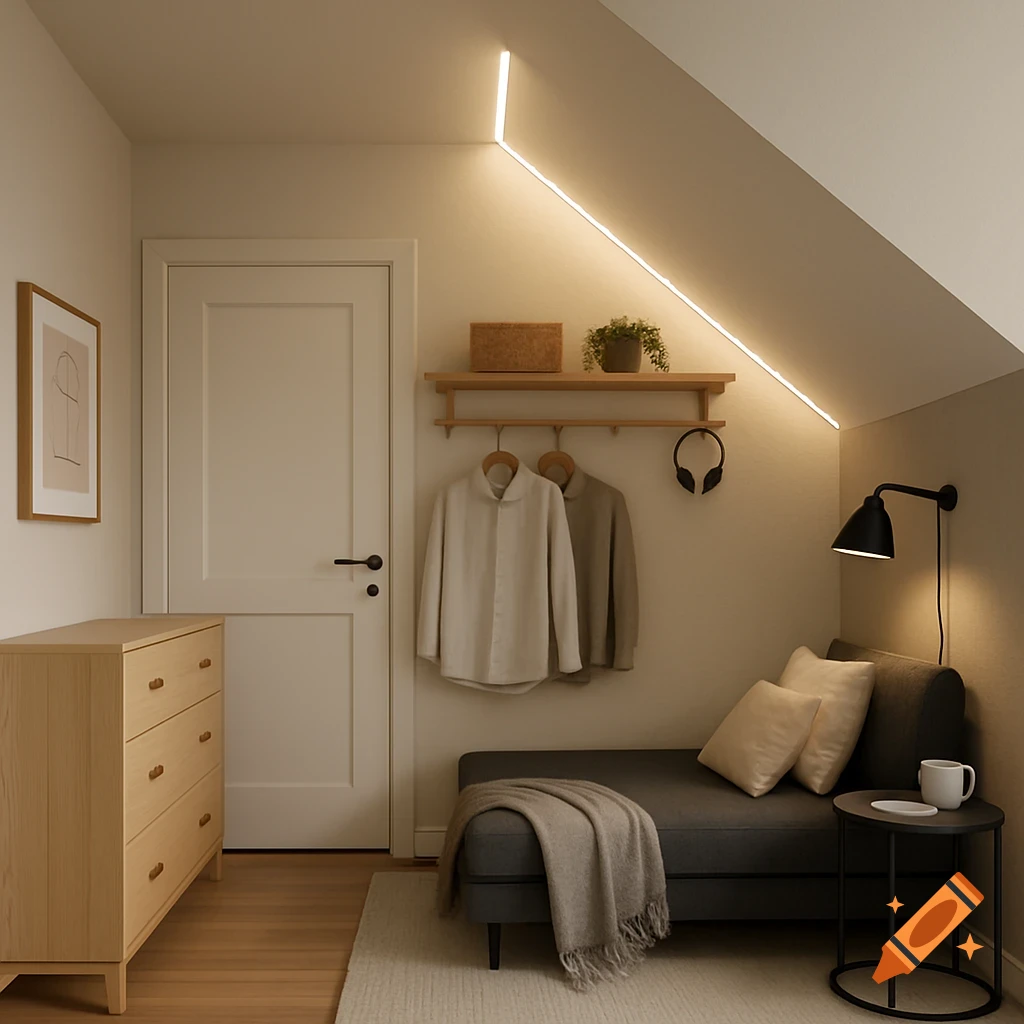 Minimalist room interior with a daybed, dresser, clothes rack, and strip lighting on a sloped ceiling.