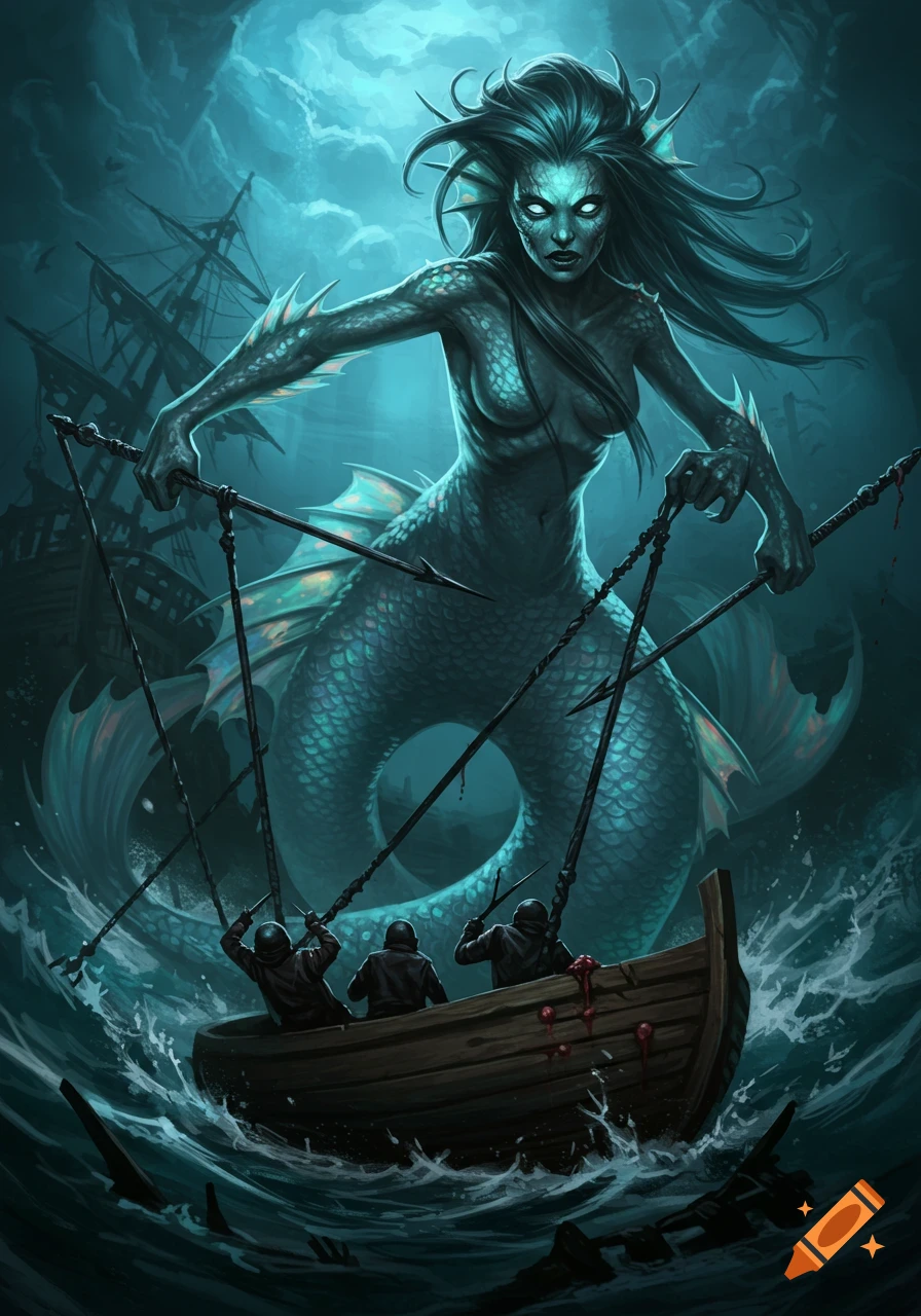 A large siren monster attacks a small boat with harpoons in a stormy sea, digital art.