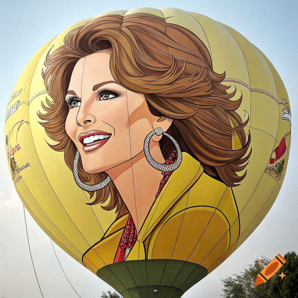 Hot air balloon with a portrait illustration of Raquel Welch's face.